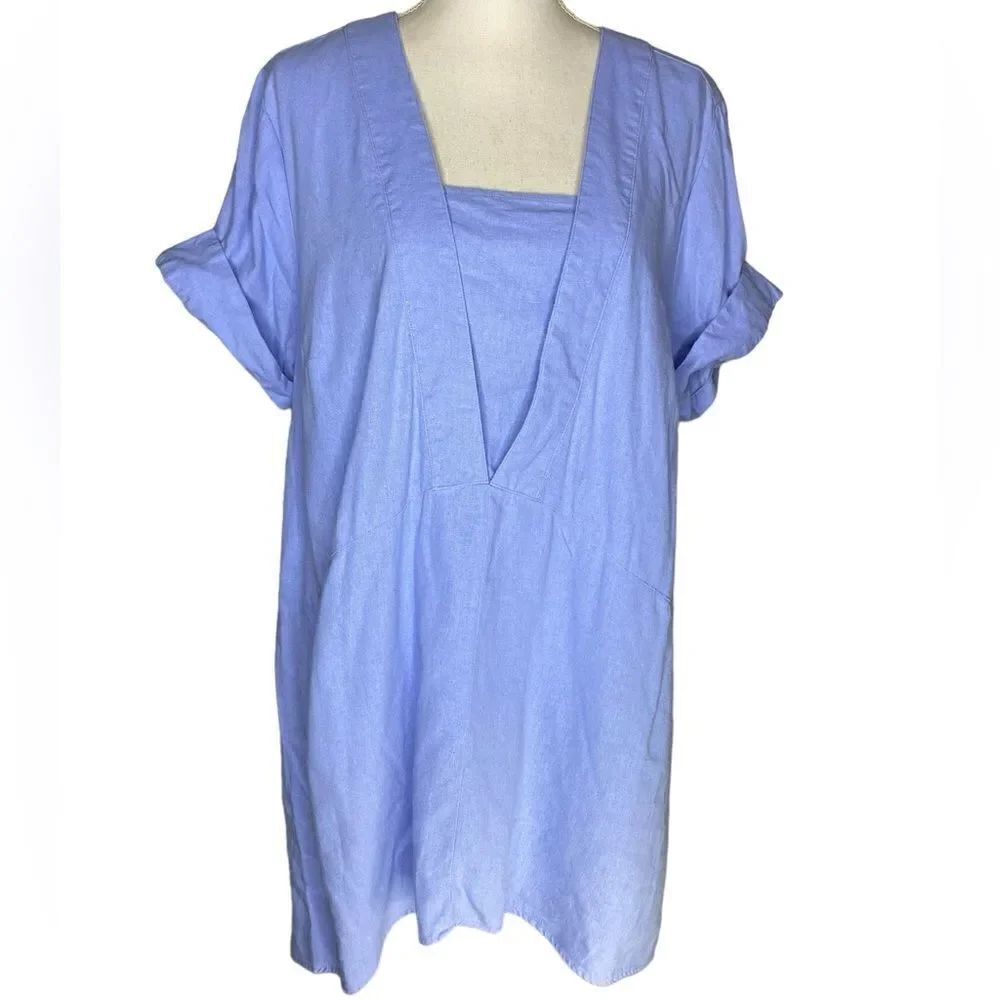 ELLOS Wm Plus Size Lrg Dusty Cornflower Blue Linen Blend Hanky Hem Tunic Blouse
